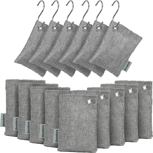 Activated Charcoal Bags Air Purifying 15 Pack, Bamboo Charcoal Odor Absorber for Home Closet Car Shoes, 70g Gray, Natural Odor Neutralizer, Moisture Absorber, Reusable up to 2 Years, 6 Hooks