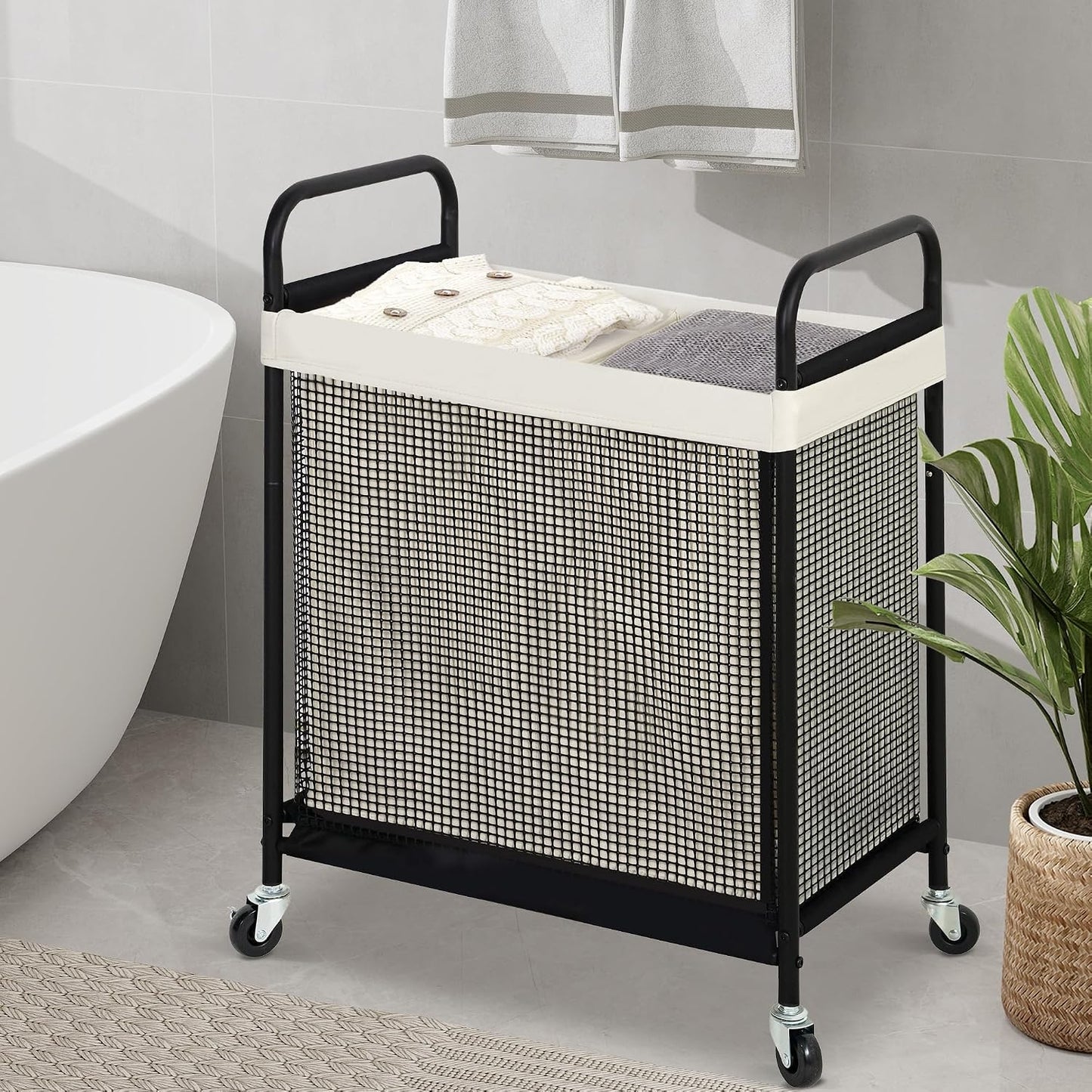 STO STO Laundry Hamper 2 Section, 100L Rolling Laundry Sorter Cart with Removable and Washable Liner Bag, Clothes Hamper with Wheels and Metal Handle for Laundry Room and Bedroom