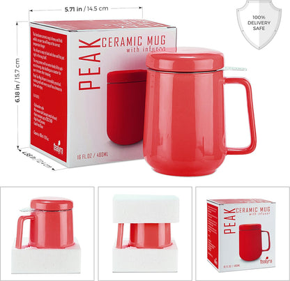 Tealyra - Peak Ceramic Red Tea Cup Infuser - 19-ounce - Large Tea High-Fired Ceramic Mug with Lid and Stainless Steel Infuser - Tea-For-One Perfect Set for Office and Home Uses - 580 milliliter