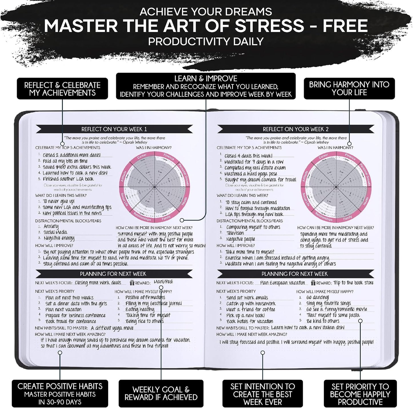 Freedom Mastery Daily Journal of Gratitude, Productivity & Habit Tracker | Undated 90-Day Planner with Daily Reflection, Mindfulness, Positivity, Vision Board & Stickers, Gratitude Journal for Women