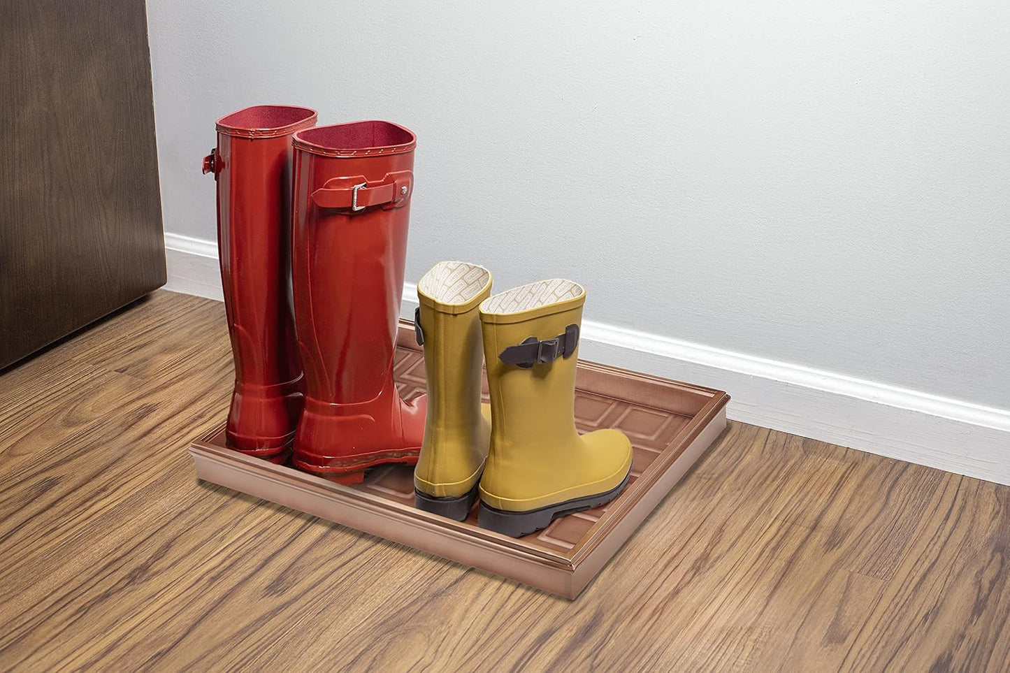 Good Directions 20″ x 14″ Decorative Squares Design Metal Boot Tray – Galvanized Steel with Copper Finish, Multi-Purpose Shoe, Plant & Pet Bowl Tray