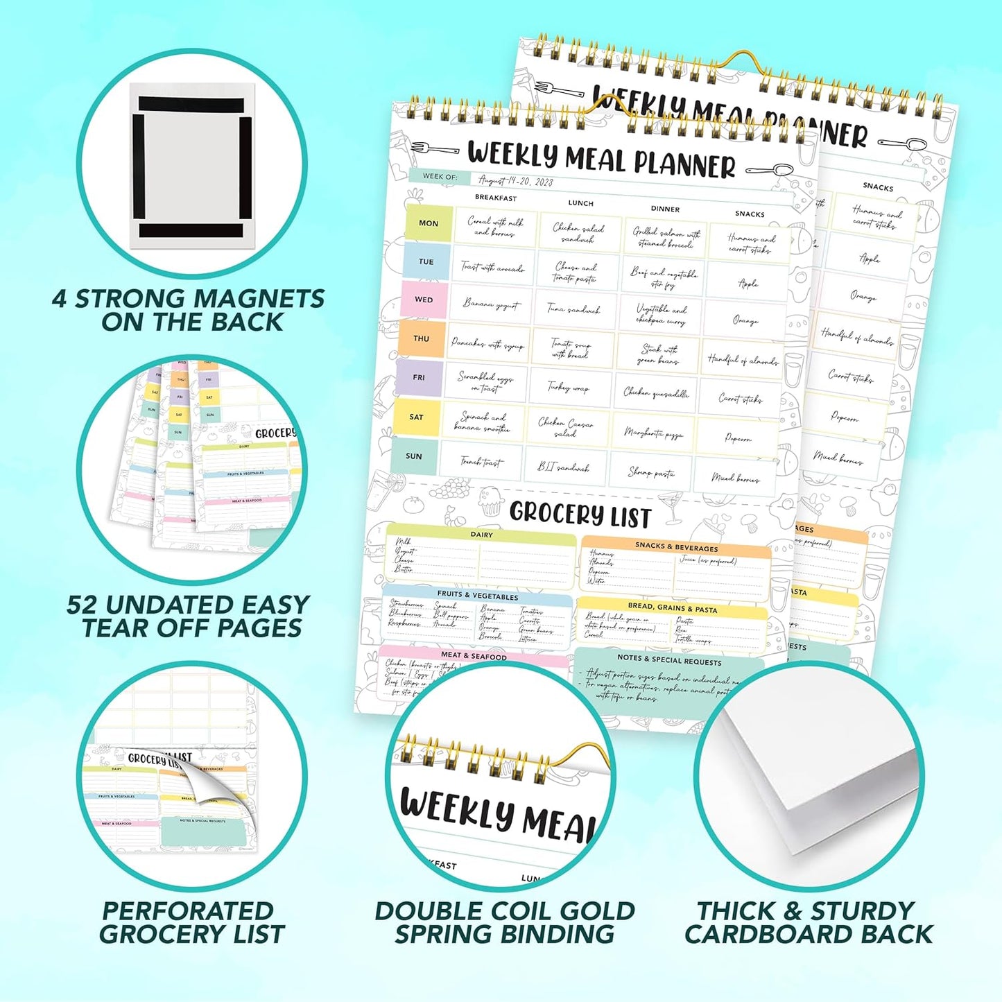 Decorably 52 Sheets Pastel Rainbow Magnetic Weekly Meal Planner for Fridge | 7x10in Undated weekly meal planner and grocery list notepad, 100gsm non-bleed tear-off pad for kitchen & family meal prep