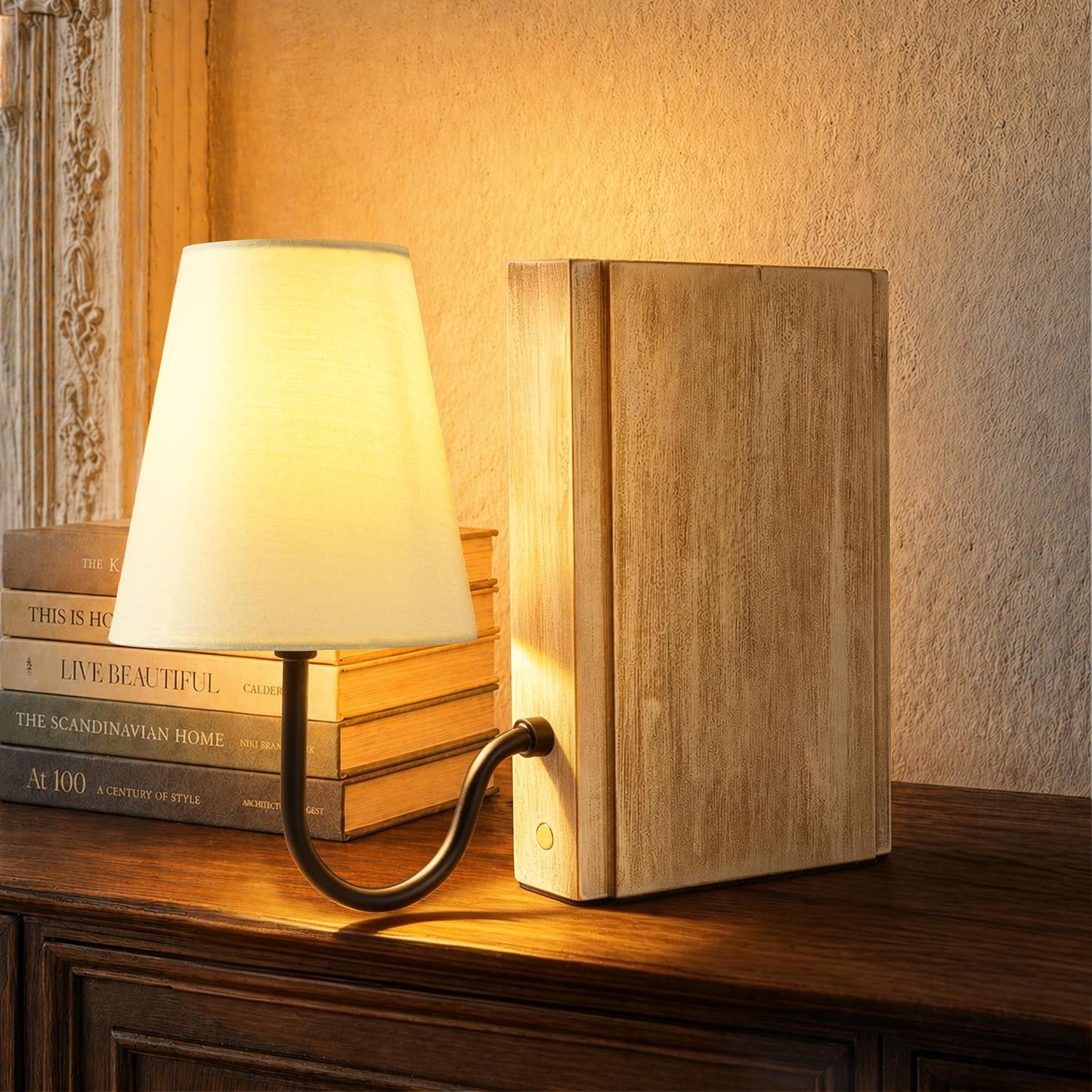 AELS Solid Wood Bookshelf Lamp with Bulb, Cordless Rechargeable Touch Dimmable Table Lamp with Linen Fabric Shade, Modern Decorative Bookend Lamp for Bedroom, Office & Bookshelf Decor, Dark Brown