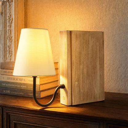AELS Solid Wood Bookshelf Lamp with Bulb, Cordless Rechargeable Touch Dimmable Table Lamp with Linen Fabric Shade, Modern Decorative Bookend Lamp for Bedroom, Office & Bookshelf Decor, Dark Brown