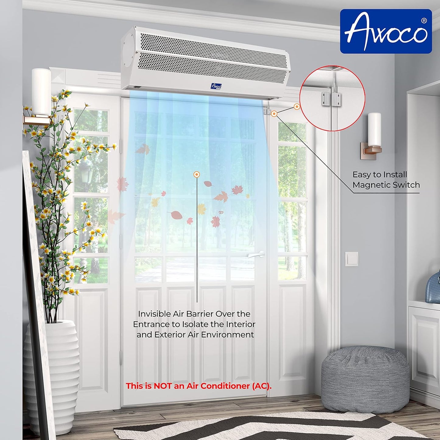 Awoco 72" Super Power 2 Speeds 2350CFM Commercial Indoor Air Curtain, CE Certified, 120V Unheated - Magnetic Door Switch Included