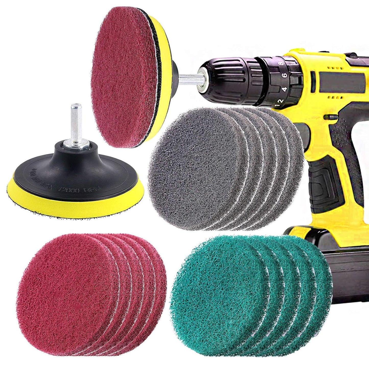 Swpeet 16Pcs 4Inch 3 Different Color Scrubbing Pads Drill Powered Brush Tile Scrubber Scouring Pads Cleaning Kit, Abrasive Buffing Pads Replacement with 1 Pcs Hook Attachment for House Cleaning