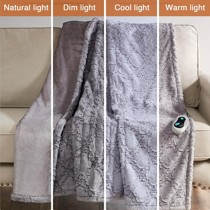 Beautyrest Long Brushed Faux Fur Ogee Textured Design Electric Blanket, Auto Shut Off, Virtually Zero EMF, Multi Heat Setting, UL Certified, Machine Washable, Grey Throw 50x60