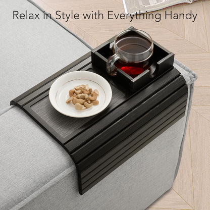 Detor Couch Cup Holder Tray with Super Anti-Slip Pad, Large 4.5" x 4.5" Organizer, Brown-Stained Bamboo Finish, Enhanced Non-Slip Felt Base, Durable Bamboo Slats, Fits Armrests 5.5" and Wider
