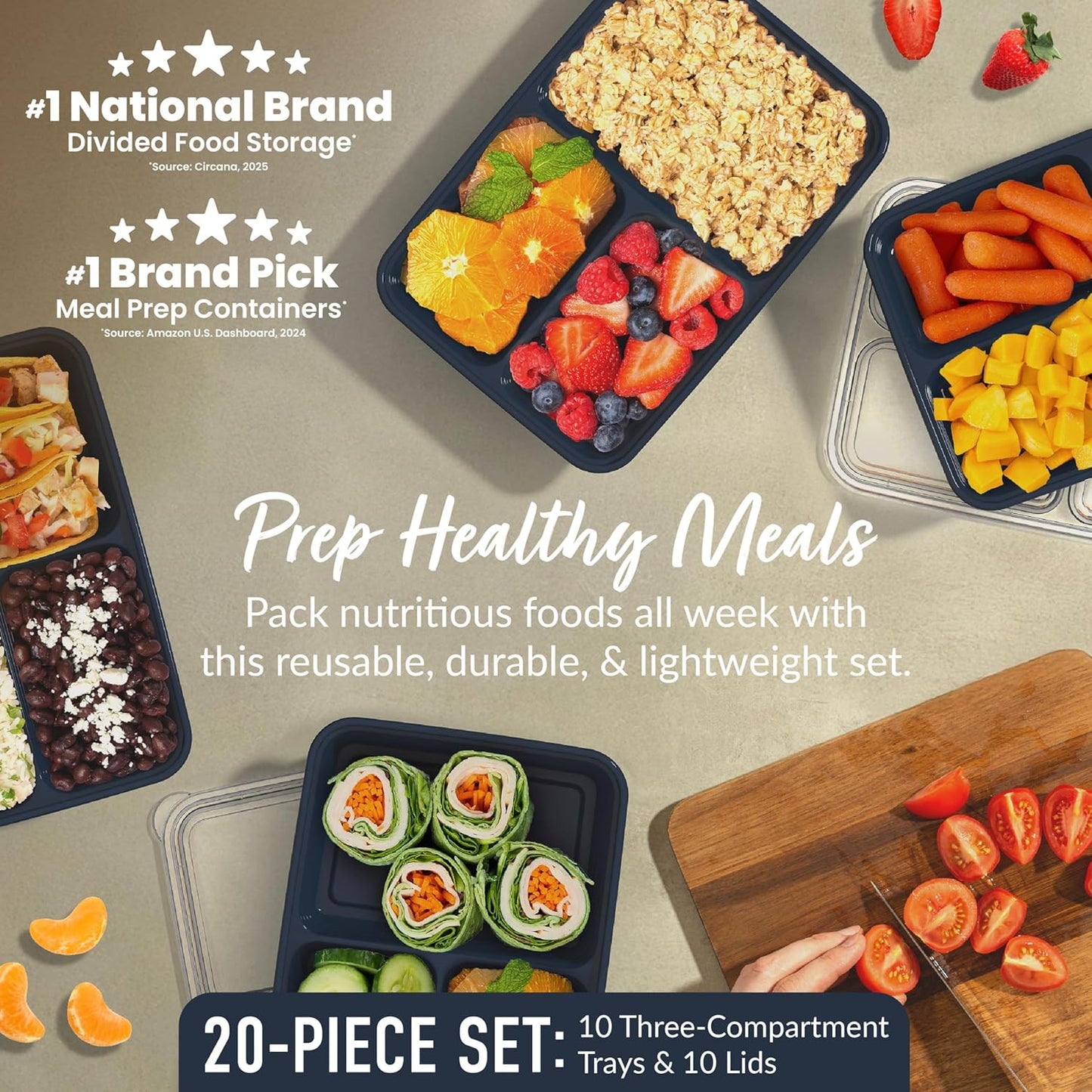 Bentgo Prep 3-Compartment Meal Prep Containers with Lids, 20 Piece Set | 4-Cup Capacity, Portion Control, Stackable, Microwave, Freezer & Dishwasher-Safe, PFAS & BPA-Free (Navy Blue)