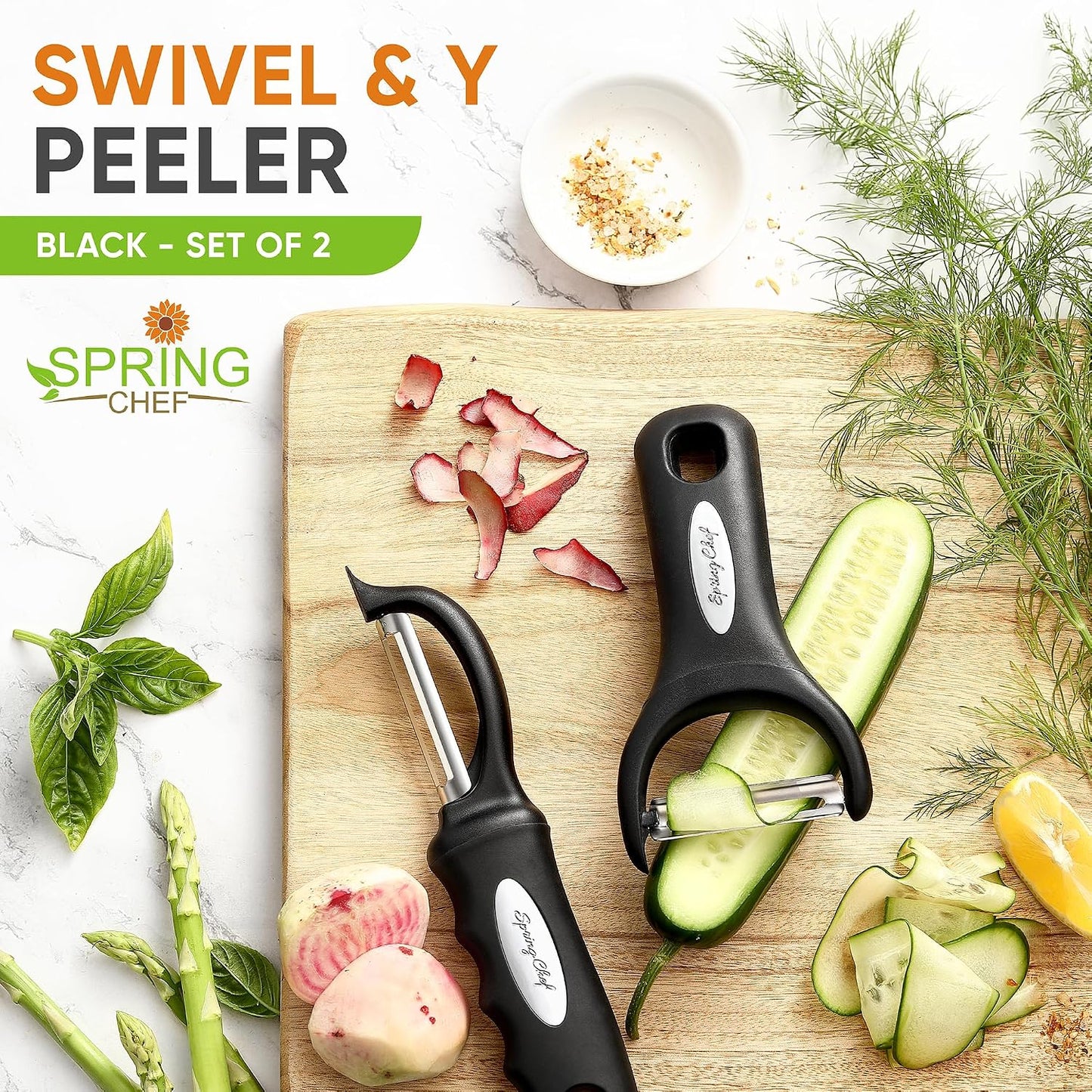 Spring Chef Swivel Potato Peeler & Julienne Vegetable Peeler w/Soft Handle | Premium Multifunctional Peelers for Kitchen with Sharp Stainless Steel Blades & Blade Covers, Dishwasher Safe Veggie Peelers