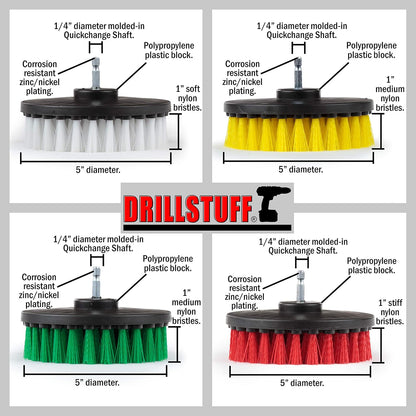 4in Soft, Medium and Stiff Drill Brush Attachment Power Scrubber Brush Set | 4 Piece Power Scrubbing Brushes Drill Attachment Kit - Spin Brushes for Cleaning Showers, Tubs, Bathroom, Tile, Grout, Carpet