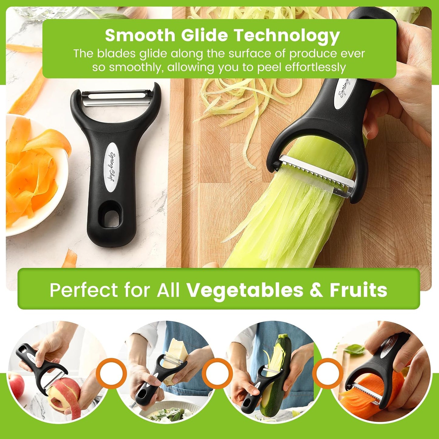 Spring Chef Swivel Potato Peeler & Julienne Vegetable Peeler w/Soft Handle | Premium Multifunctional Peelers for Kitchen with Sharp Stainless Steel Blades & Blade Covers, Dishwasher Safe Veggie Peelers