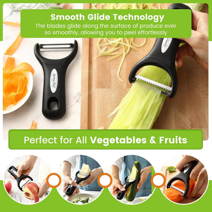 Spring Chef Swivel Potato Peeler & Julienne Vegetable Peeler w/Soft Handle | Premium Multifunctional Peelers for Kitchen with Sharp Stainless Steel Blades & Blade Covers, Dishwasher Safe Veggie Peelers
