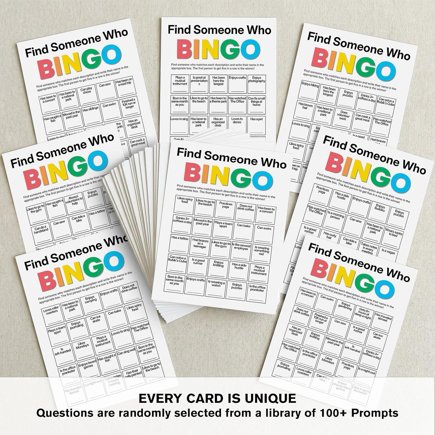 Find Someone Who Bingo Cards, 25 Unique Randomized 5x7 Sheets, Get to Know You Bingo Game for Adults, Ice Breaker Office Party Games, Team Building Games for Work, High Replay Value - A05
