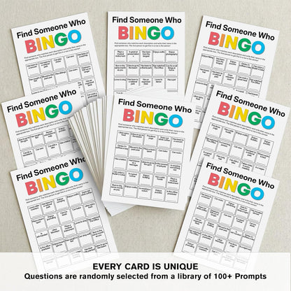 Find Someone Who Bingo Cards, 25 Unique Randomized 5x7 Sheets, Get to Know You Bingo Game for Adults, Ice Breaker Office Party Games, Team Building Games for Work, High Replay Value - A05