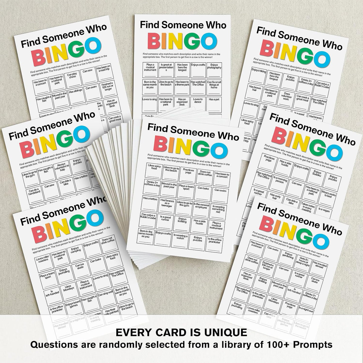 Find Someone Who Bingo Cards, 25 Unique Randomized 5x7 Sheets, Get to Know You Bingo Game for Adults, Ice Breaker Office Party Games, Team Building Games for Work, High Replay Value - A05
