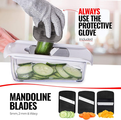 Fullstar Pro Mandoline Vegetable Slicer, Grater & Spiralizer with Container | 6 in 1 Fruit Cutter, Cheese Grater & Spiralizer with Safety Gloves, Stainless Steel Blades & Container (Black)