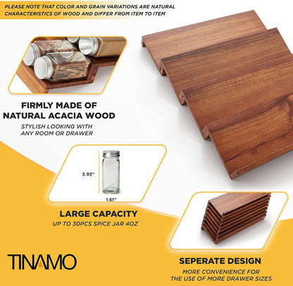 Tinamo Acacia Wood 4-Tier Spice Rack Organizer for Cabinet, Pack of 8 Pcs | Solid Acacia Wood Construction, No assembly, Stackable 4-tray design, Spacious for up to 64pcs 4oz Jars, Easy to Clean
