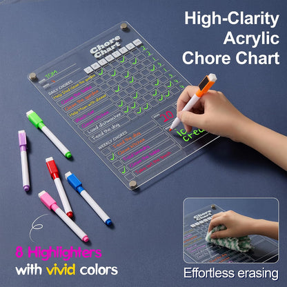 2 Pack Acrylic Magnetic Chore Chart for Kids & Adults on Fridge | 12"x8" Erasable Chore & Reward Board for Kids & Teens - Includes 8 Markers & 1 Towel, Transparent Erasable Checklist, White