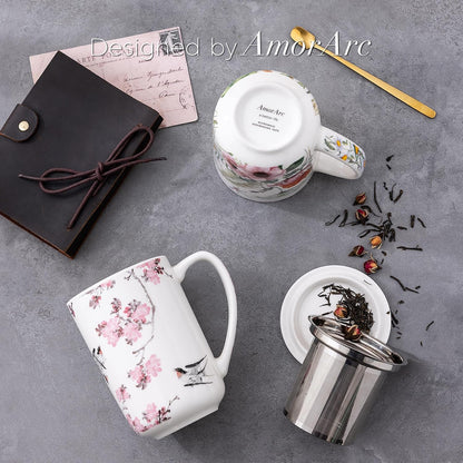 AmorArc Tea Cup With Infuser and Lid, 18oz Loose Leaf Tea Mug With Steeper | Porcelain Tea Mug With Infuser and Lid, Large Strainer Tea Cup with Lid for Tea, Coffee Mug for House-warming Birthday Gift