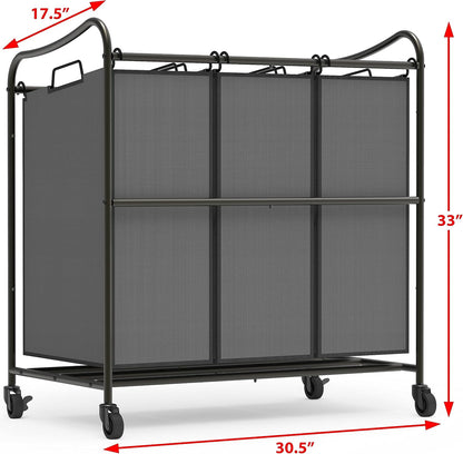 Simple Houseware Heavy Duty 3-Bag Laundry Sorter Rolling Cart, Dark Grey | Removable Bags and Lockable Wheels for Laundry Room Organization