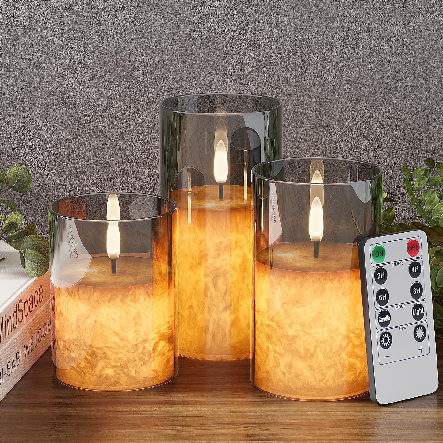 Battery Operated Flameless Candles with Remote & Timer, Gold Glass 3Pack | Real Wax Crystal Texture, D3×H4/5/6", 2/4/6/8H Timer, Dimming, Flickering Realistic LED Candles for Wedding Table Decor