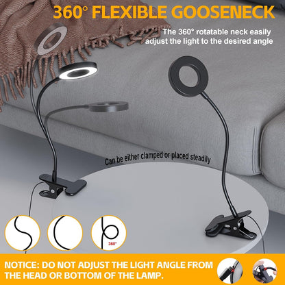 Foneso Desk Lamp Clip on Light, 48 LED USB Lamp with 3 Color Modes 10 Brightness Levels, 360° Flexible Gooseneck Eye Protection Bed Night Light for Reading, Makeup, Craft (Black)