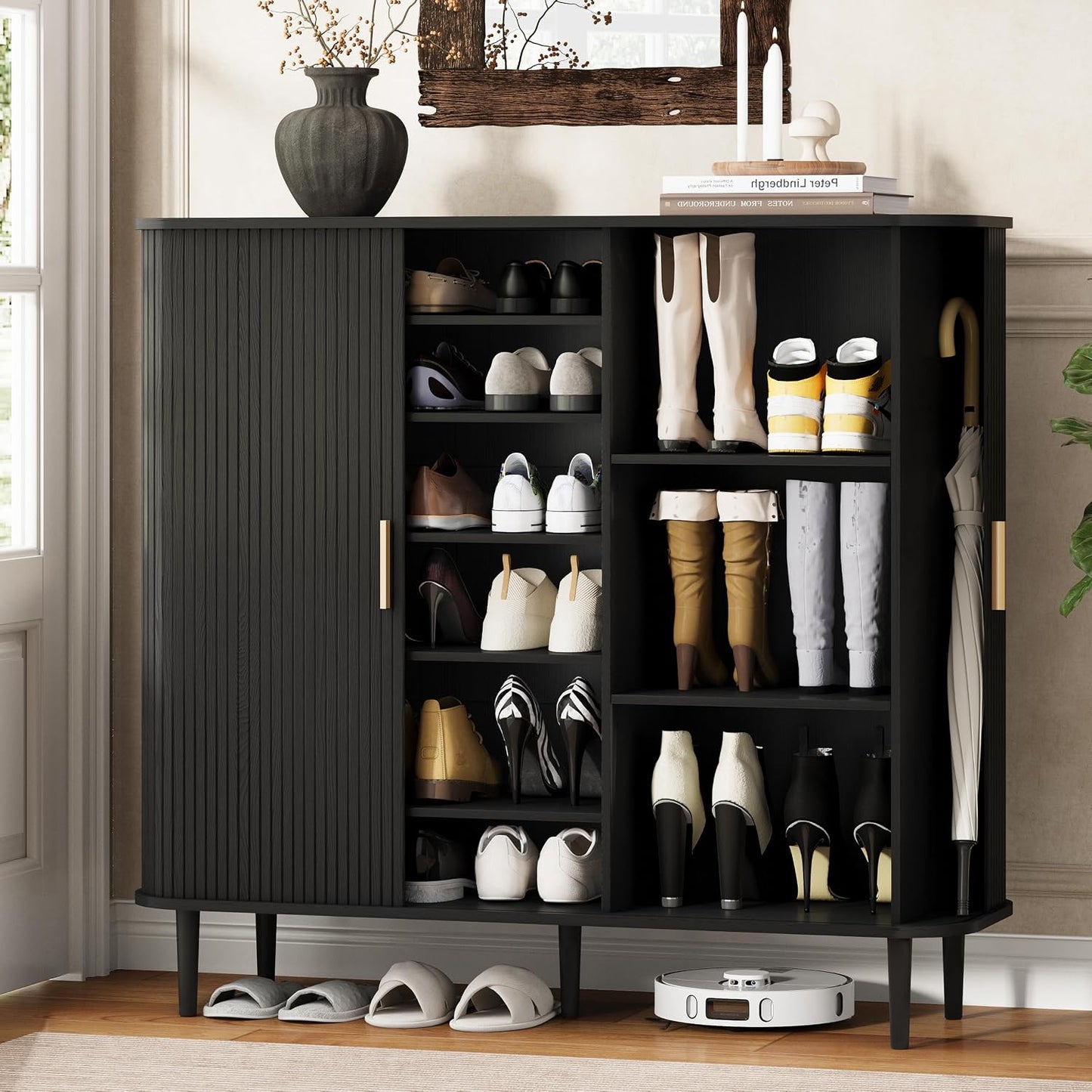 DHH Shoe Storage Cabinet with Sliding Door, 6-Tier Shoe Cabinet with Adjustable Shelves, Modern Freestanding Shoe Storage Organizer for Entryway, Hallway, Living Room (Walnut, 47 ")