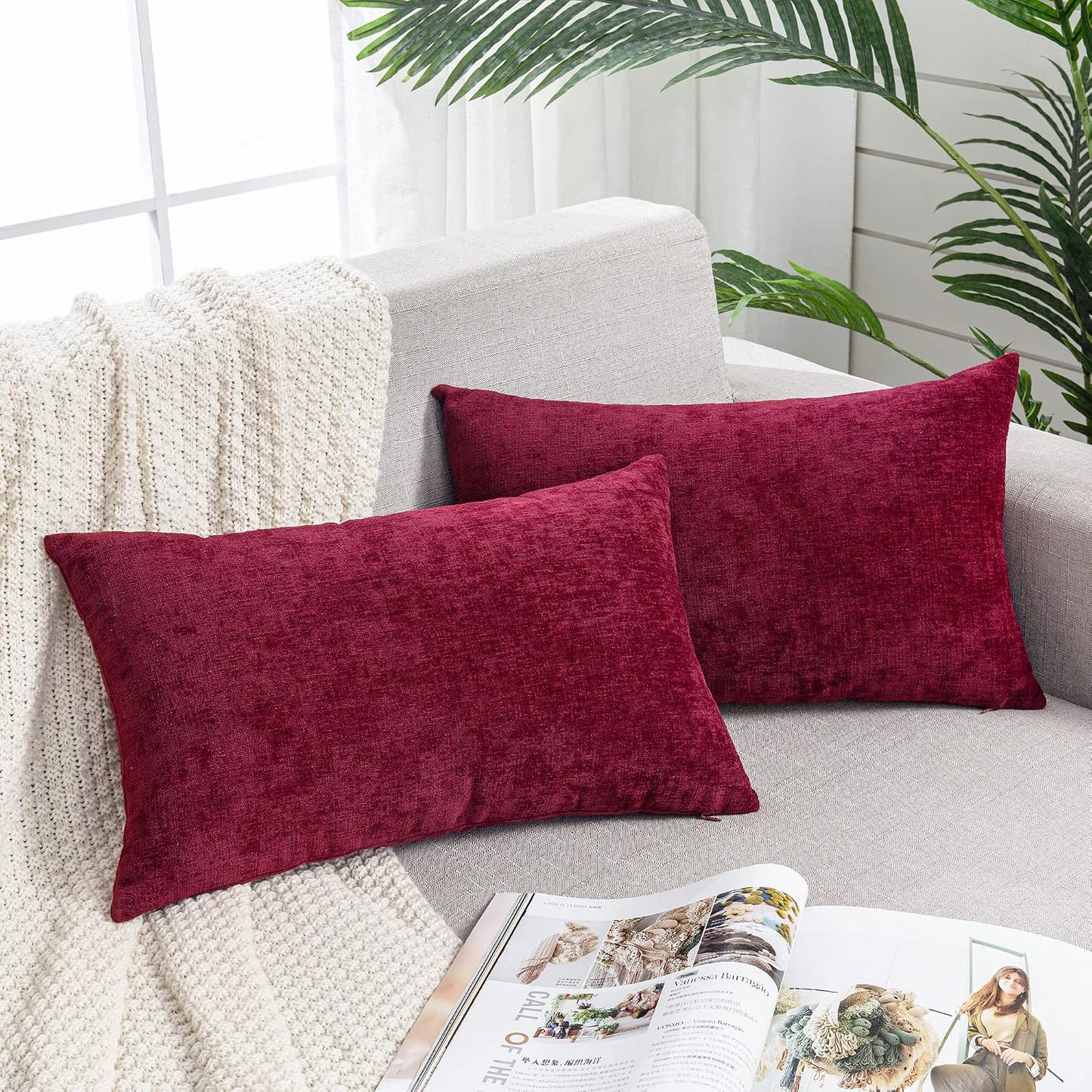 GAWAMAY Lumbar Support Pillow Decorative Rectangle Throw Pillow Covers 12"x20" Inch Set of 2, Soft Chenille Fall Pillowcase for Living Room Bedroom Sofa Couch Cushion Cover Grey 30x50cm (No Insert)