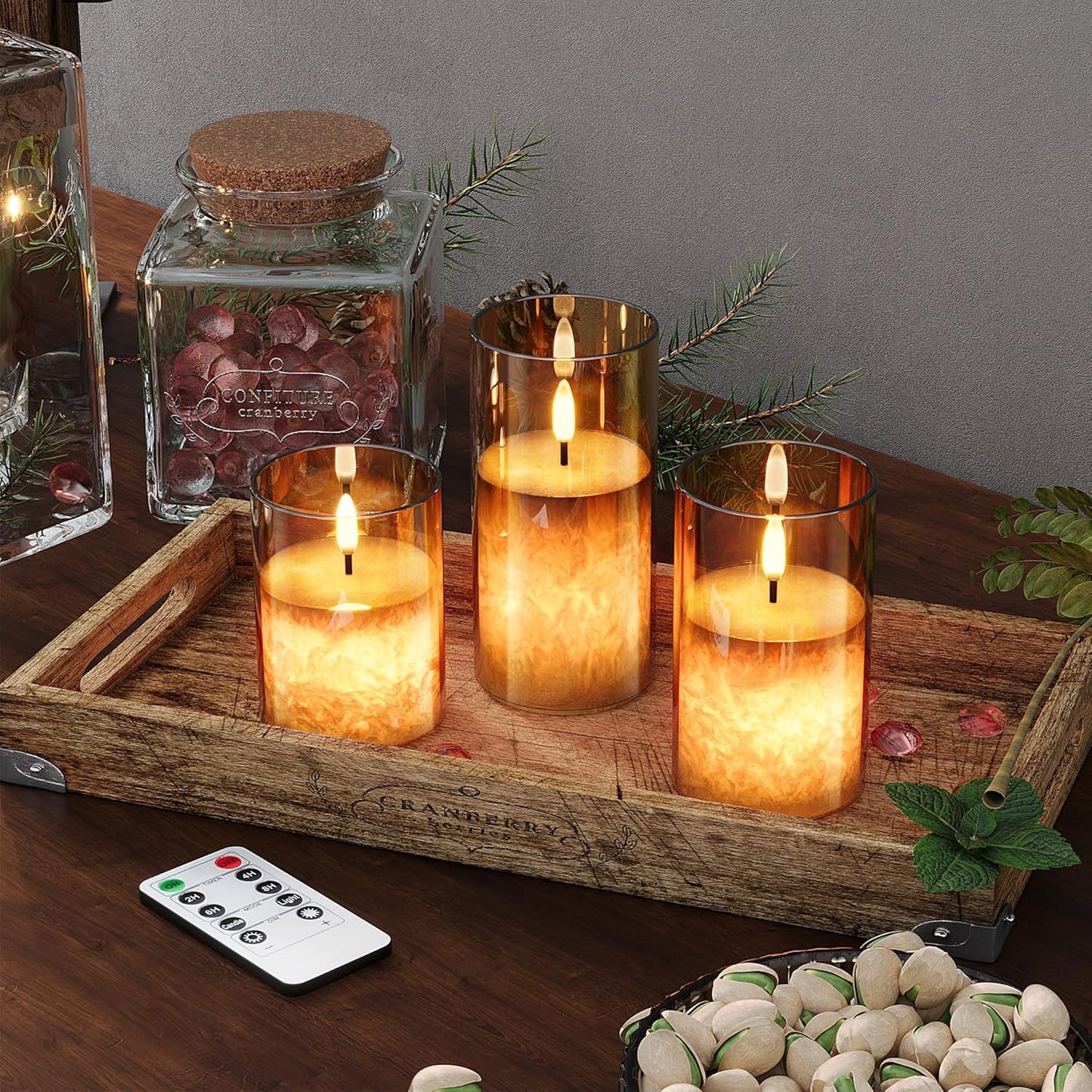 Battery Operated Flameless Candles with Remote & Timer, Gold Glass 3Pack | Real Wax Crystal Texture, D3×H4/5/6", 2/4/6/8H Timer, Dimming, Flickering Realistic LED Candles for Wedding Table Decor