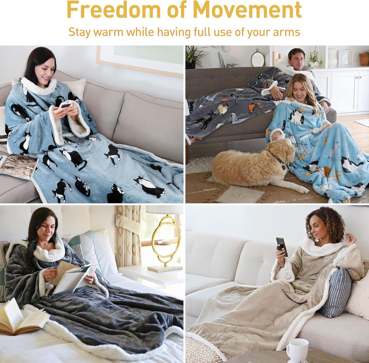 Catalonia Sherpa Wearable Blanket with Sleeves and Pocket for Adults