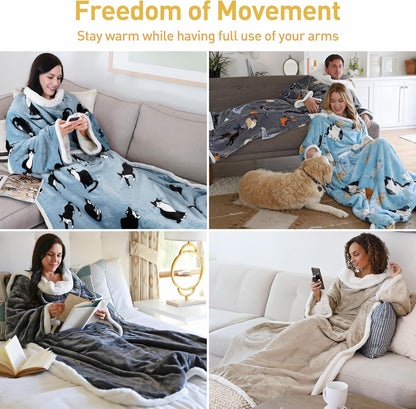 Catalonia Sherpa Wearable Blanket with Sleeves and Pocket for Adults
