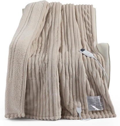 Bedsure Heated Blanket Electric Throw - Thick Striped Fast Heating Electric Blanket with Preheat Function, 6 Heat & 6 Timer (Up to 10H), 8H Auto Off, ETL Certified, Gifts for Women (50"x60", White)