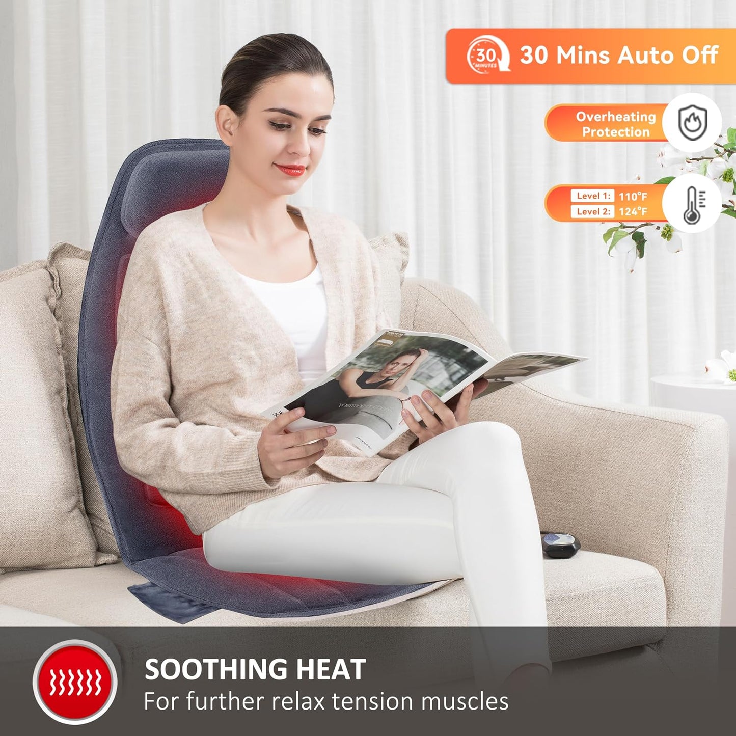Snailax Massage Seat Cushion with Heat - Extra Memory Foam Support Pad in Neck and Lumbar,10 Vibration Massage Motors, 2 Heat Levels, Back Massager Chair Pad for Back | 【Gift for Men Women】10 Vibration Motors, 5 Massage Modes, Adjustable 3 Intensity,