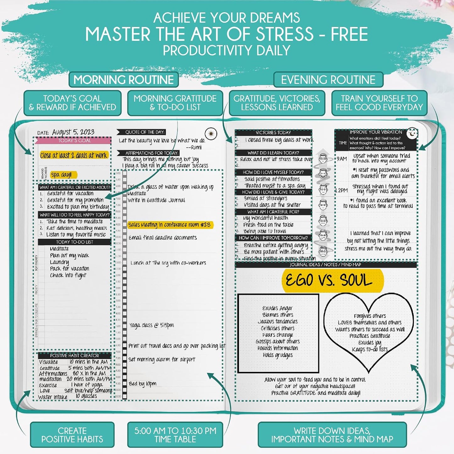 Freedom Mastery Daily Journal of Gratitude, Productivity & Habit Tracker | Undated 90-Day Planner with Daily Reflection, Mindfulness, Positivity, Vision Board & Stickers, Gratitude Journal for Women
