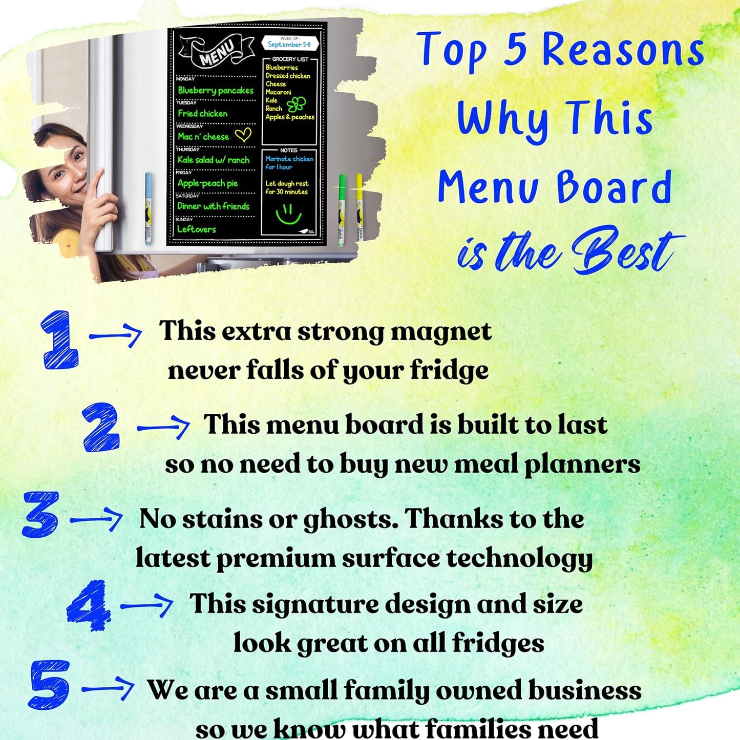 White Magnetic Dry Erase Weekly Menu Board for the Fridge | Weekly meal and dinner planner, 7-day grid, grocery and to-do lists, 12x16 inches, fits standard fridge, 3 markers, eraser