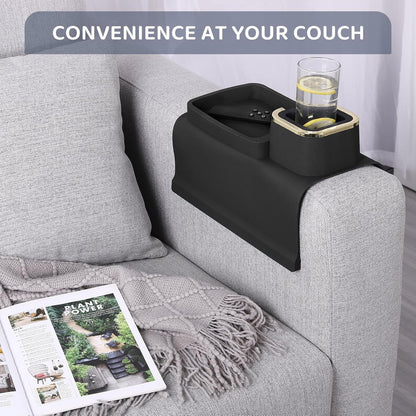 HMASYO Couch Cup Holder Tray – Weighted Silicone Sofa Armrest Organizer Table with Anti-Spill Coaster, Easy Reach for Drink, Snacks, Remote & Phone, Non-Slip Base, Easy Clean