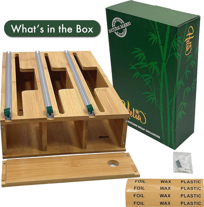 HELIA Bamboo Kitchen Wrap Organizer | Wall Mounting Solid Bamboo Foil and Plastic Wrap Dispenser with Sliding Cutters | Aluminum Foil and Plastic Wrap Dispenser with Cutter