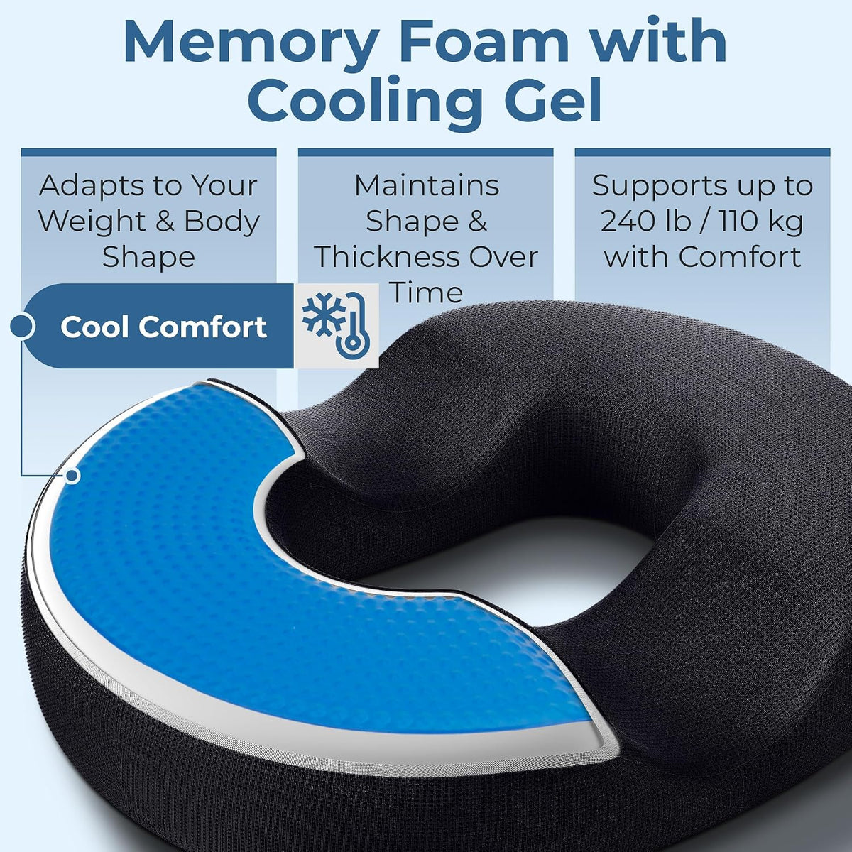 5 STARS UNITED Donut Pillow for Tailbone Pain & Hemorrhoids – Large Memory Foam Seat Cushion for Bed Sore-Prone Areas & Pressure Relief – Prostate, Postpartum & Pregnancy Support, Black Mesh Cover
