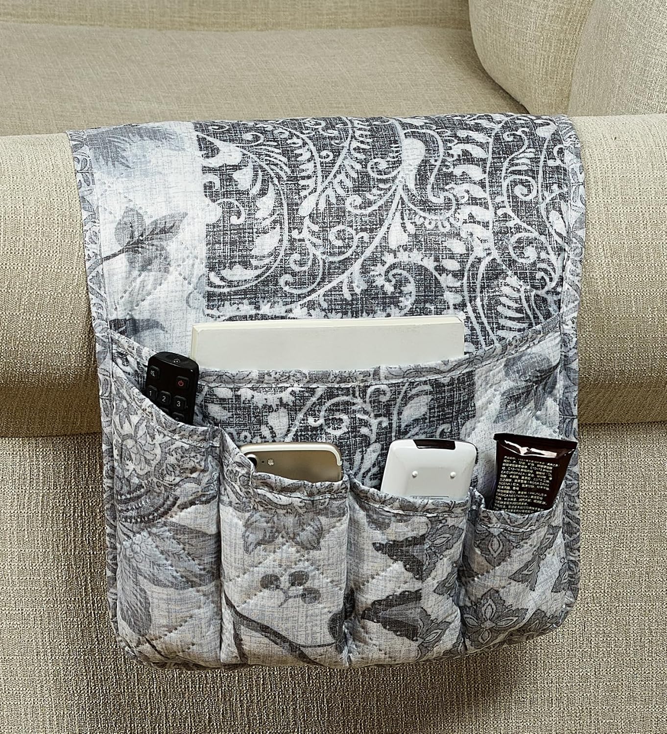 Brilliant Sunshine Burgundy Toile Floral Couch Armrest Cover, 35"×13" | Washable Magazine Holder, Armrest Organizer & Caddy on Sofa, Recliner, Armchair, Storage for Remote Controls, Phone, iPad