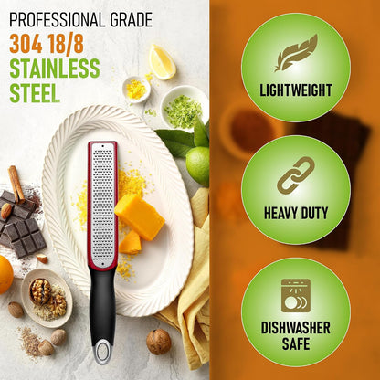 Spring Chef Stainless Steel Lemon Zester - Garlic & Ginger Grater - Gray | Premium Zester with Blade Cover, Cheese Grater with Handle for Parmesan, Nutmeg, Lime - Durable Citrus Zester, Fine Shred