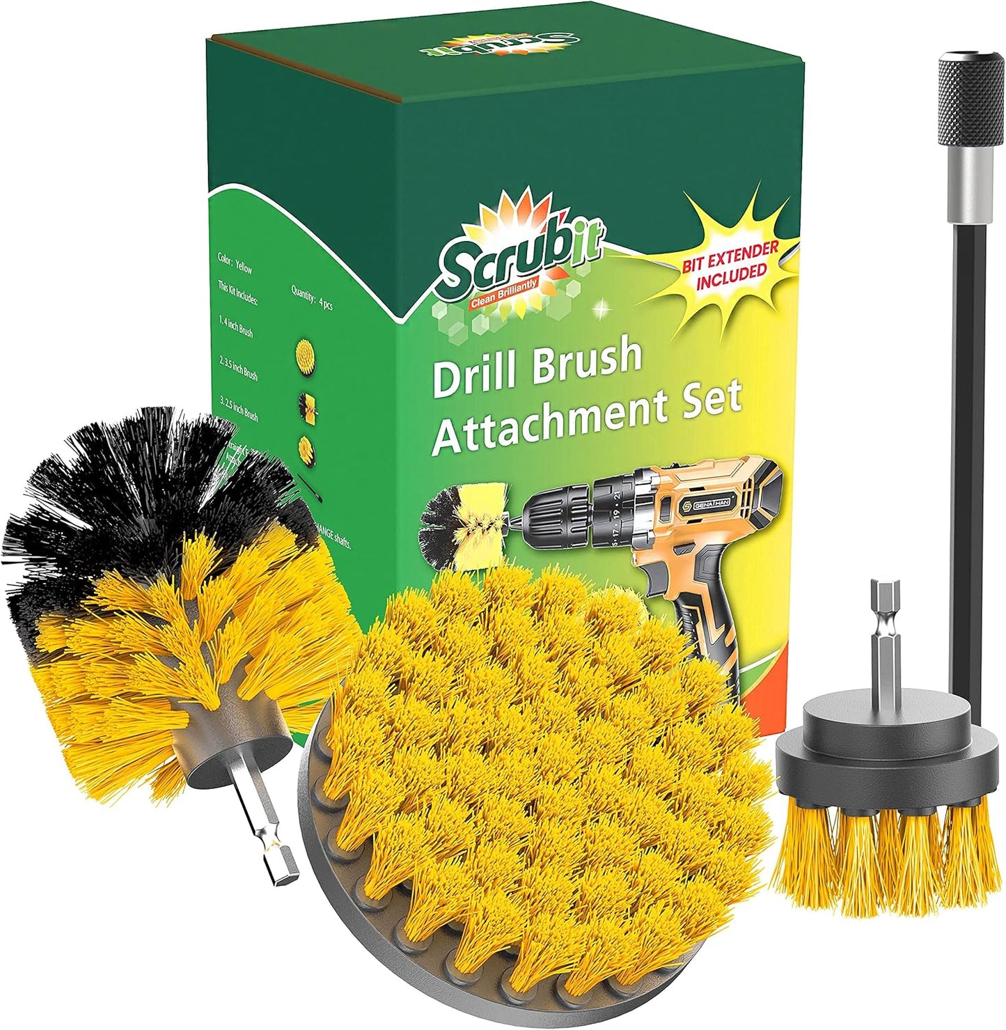 SCRUBIT Drill Brush Attachment Set - Power Scrubber Tile and Grout Tool - Use for Kitchen, Shower, Bathtub and Floor Surface - All Purpose Household Cleaning Kit Includes 3 Brushes with A Bit Extender