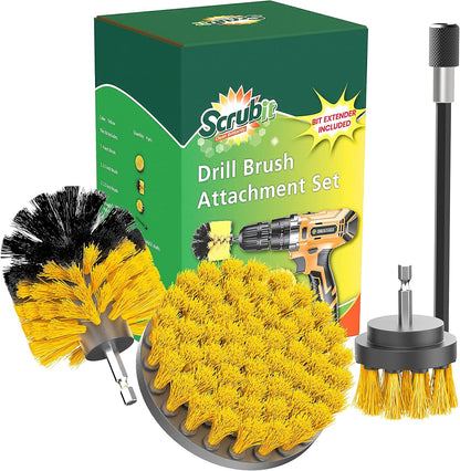 SCRUBIT Drill Brush Attachment Set - Power Scrubber Tile and Grout Tool - Use for Kitchen, Shower, Bathtub and Floor Surface - All Purpose Household Cleaning Kit Includes 3 Brushes with A Bit Extender