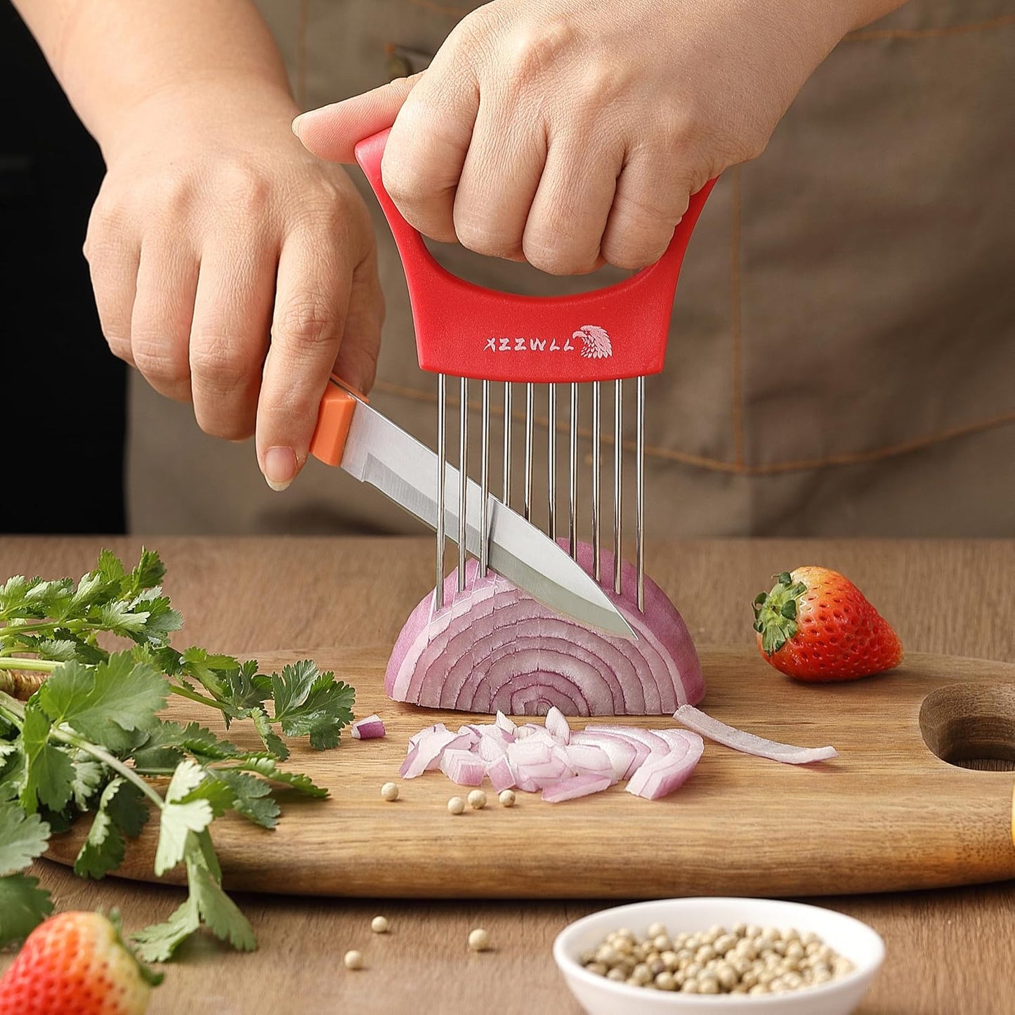 2PCS Onion Slicer Holder, XZZWLL Stainless Steel Onion Cutter for Slicing and Storage Onions, Tomato, Eggs and Vegetables, Protective Cover Included, Dishwasher Safe (Stylish Orange+ Red Color)