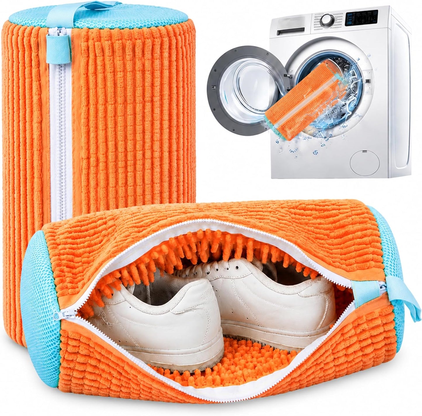 Reusable Shoe Washing Bag, 2-Pack Chenille Laundry Bag for Washer & Dryer. | Soft chenille fibers help deep clean sneakers while the hidden zipper keeps shoes secure and helps protect your washer.