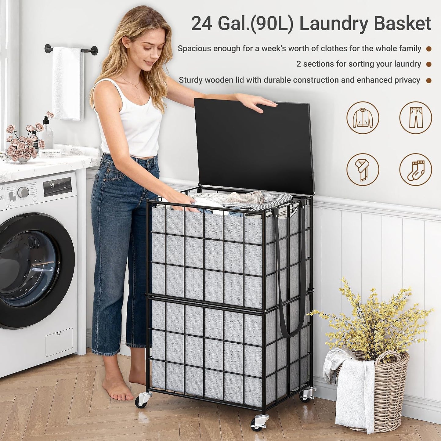 90L Laundry Basket with Wheels, Large Capacity Laundry Hamper with Removable Liner Bags, Heavy Duty Laundry Sorter with Solid Wood Lid & Leather Handles, Grey