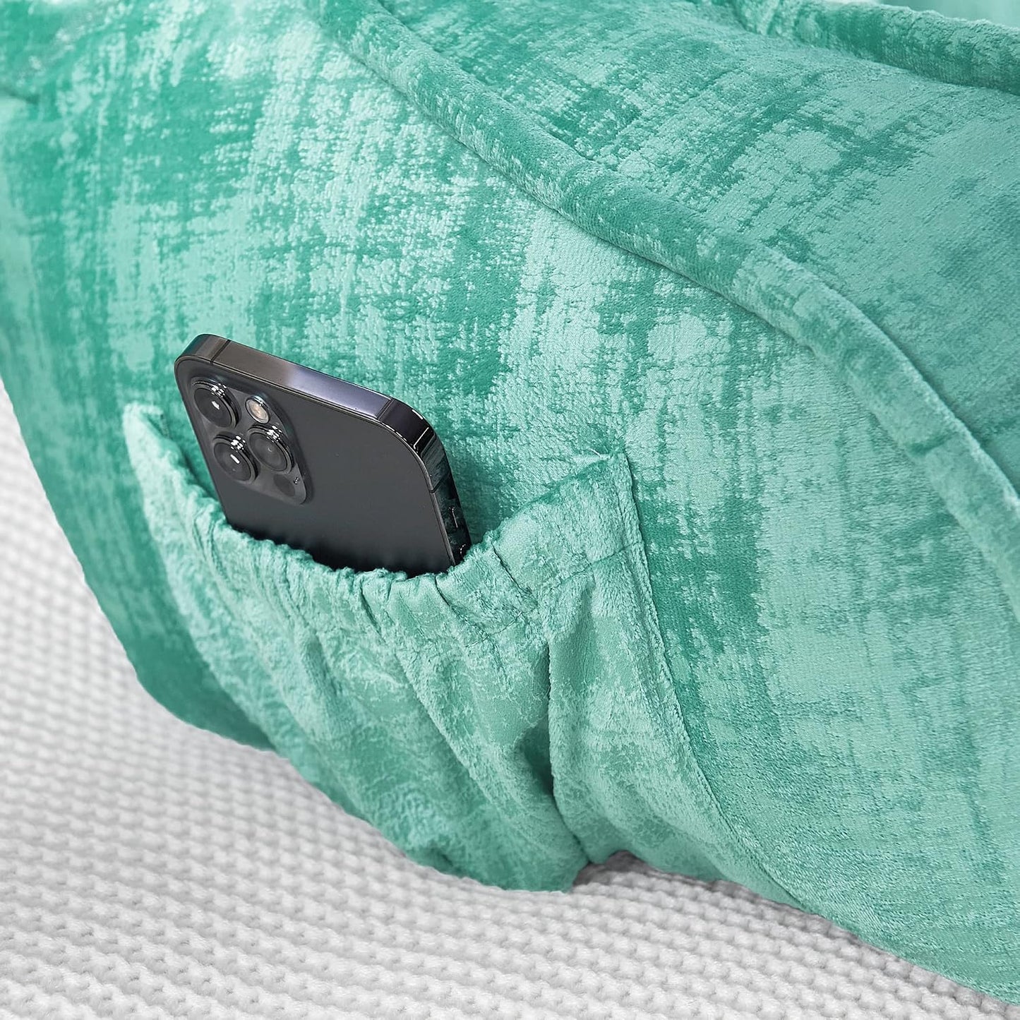 DIY Assembly Art Velvet Backrest Reading Bed Rest Pillow with Arms & Pockets, 18" H for Sitting in Bed Couch Sofa, Back Support Cushion with Removable Cover, 20"x18"x17", Aqua