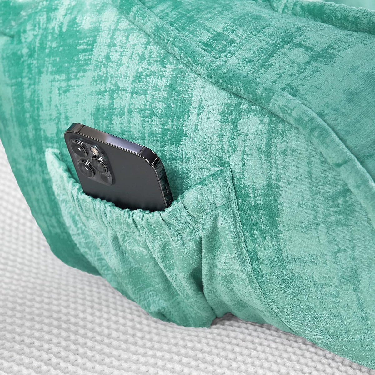 DIY Assembly Art Velvet Backrest Reading Bed Rest Pillow with Arms & Pockets, 18" H for Sitting in Bed Couch Sofa, Back Support Cushion with Removable Cover, 20"x18"x17", Aqua