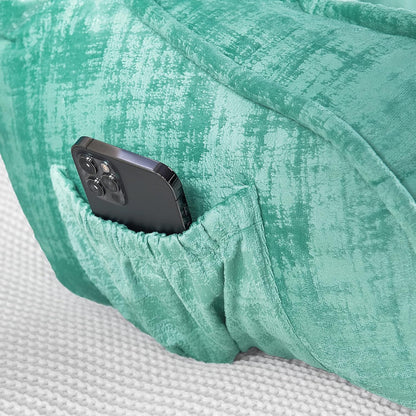 DIY Assembly Art Velvet Backrest Reading Bed Rest Pillow with Arms & Pockets, 18" H for Sitting in Bed Couch Sofa, Back Support Cushion with Removable Cover, 20"x18"x17", Aqua