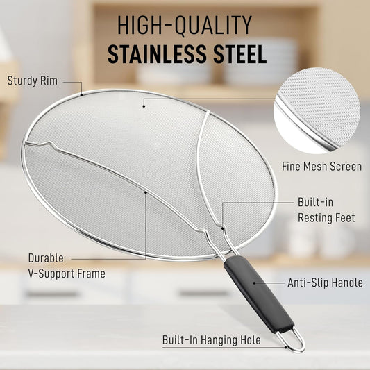 Zulay Kitchen Splatter Screen for Frying Pan (13”) - Grease Splatter Guard for Frying Pan - Oil Splatter Guard - Oil Splash Guard for Frying Pan - Stainless Steel Grease Screen for Stove Top (Black)